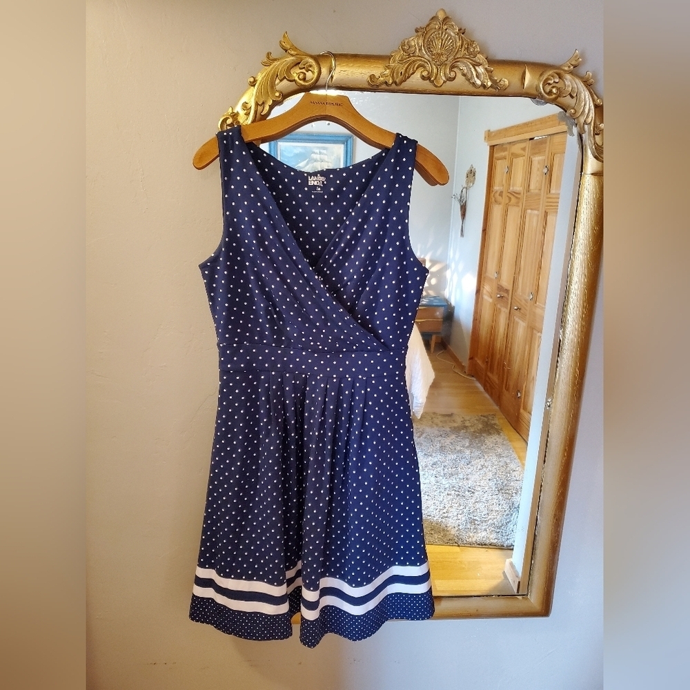 Lands' End Navy Polka Dot Sleeveless Fit-and-Flare Dress with White Stripes